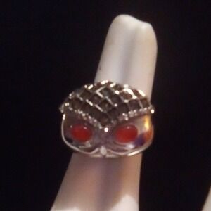 Vintage Silver-Tone Owl Face with Red Gemstone Eyes Rhinestones, Statement Piece